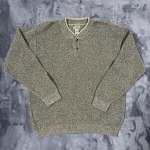 L.L. Bean Mens Henley Sweater Sz Large Tall Gray Taupe Cotton Blend Made in USA